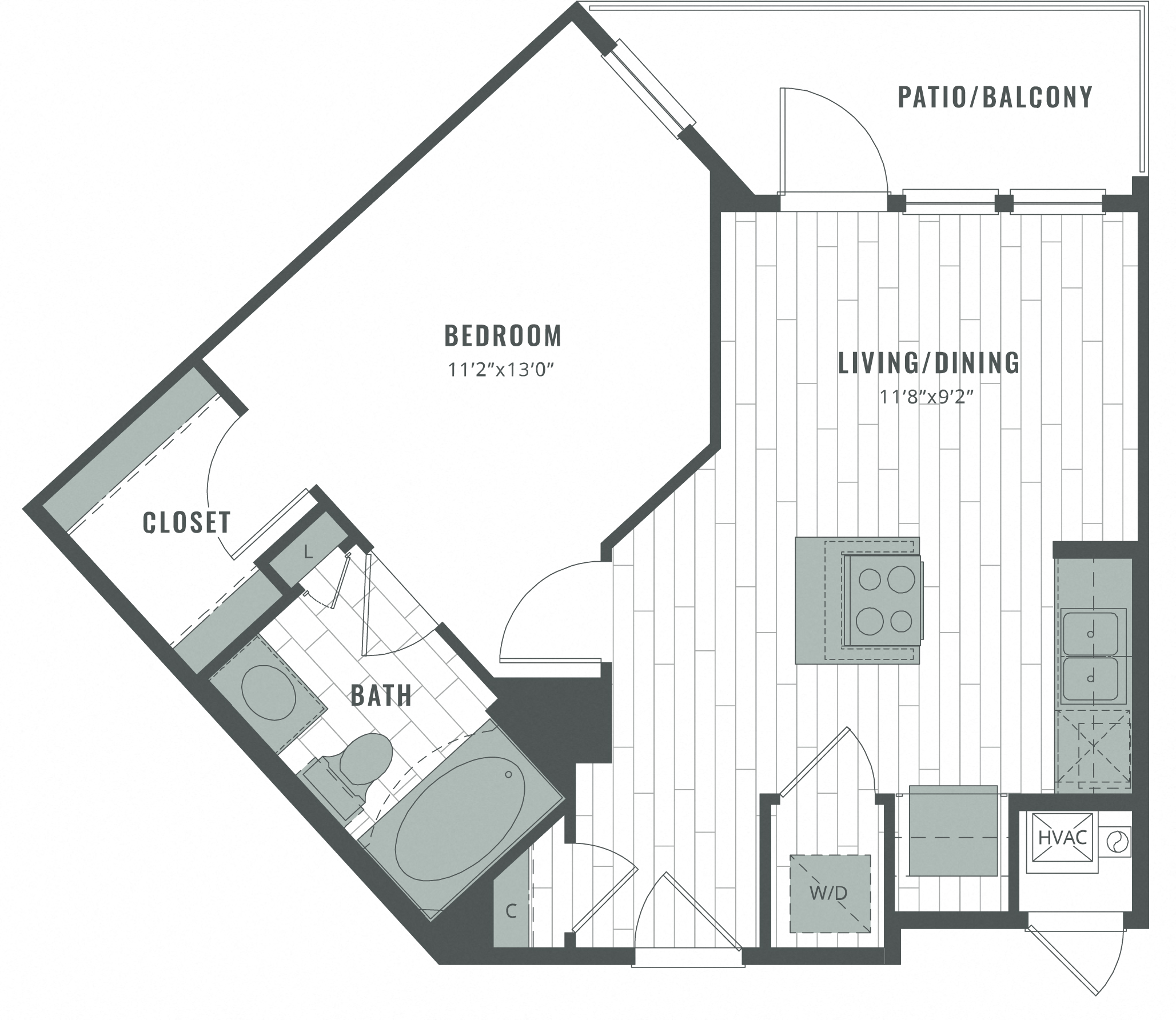 Floor plan for 1 bed, 1 bath, 582 sqft